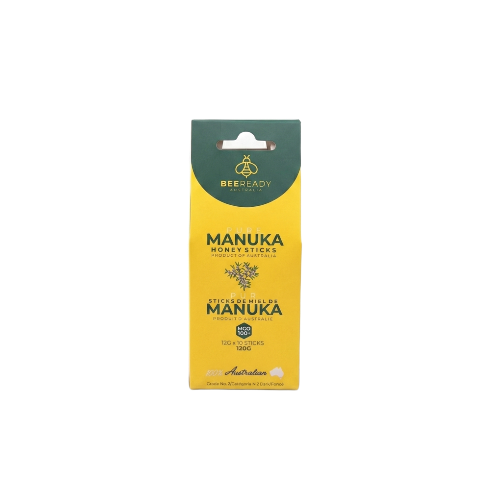 BeeReady MGO 100+ manuka honey sticks box, yellow with a dark green top panel.