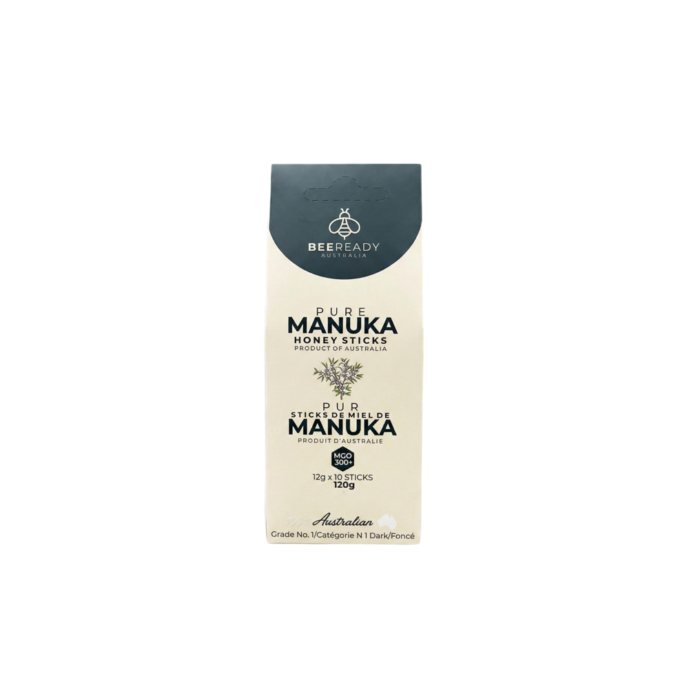 BeeReady MGO 300+ manuka honey sticks box, cream with a dark grey top panel.