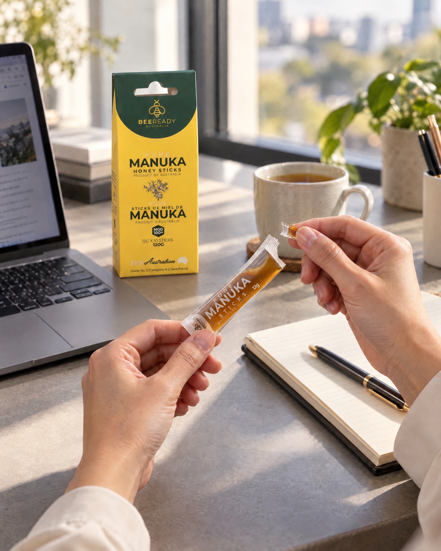 An opened BeeReady stick on an office desk in the afternoon.