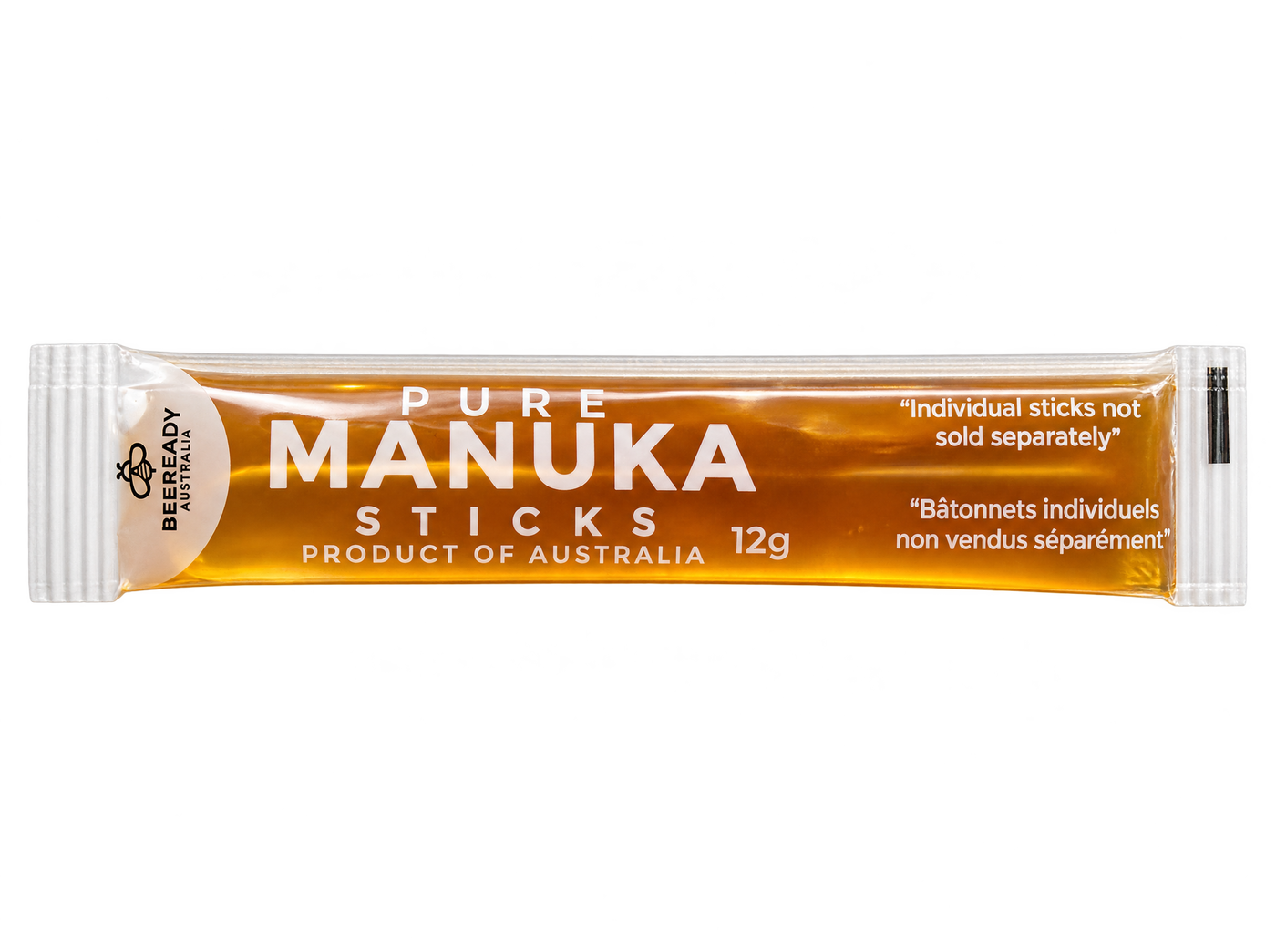 A single clear BeeReady stick of pure manuka honey, printed PURE MANUKA STICKS · PRODUCT OF AUSTRALIA · 12 g.