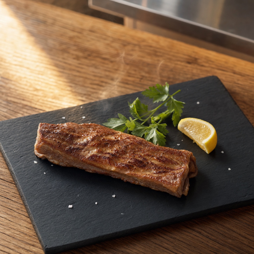 A single Australian lamb flap cut with natural fat marbling on a matte slate board.