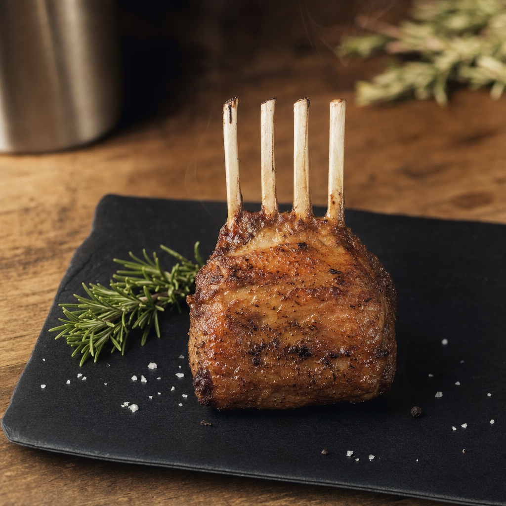 A single frenched Australian lamb rack with cleaned bones on a matte slate board.