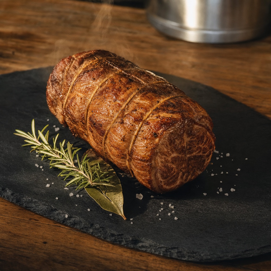 A single piece of boneless Australian lamb shoulder meat on a matte slate board.