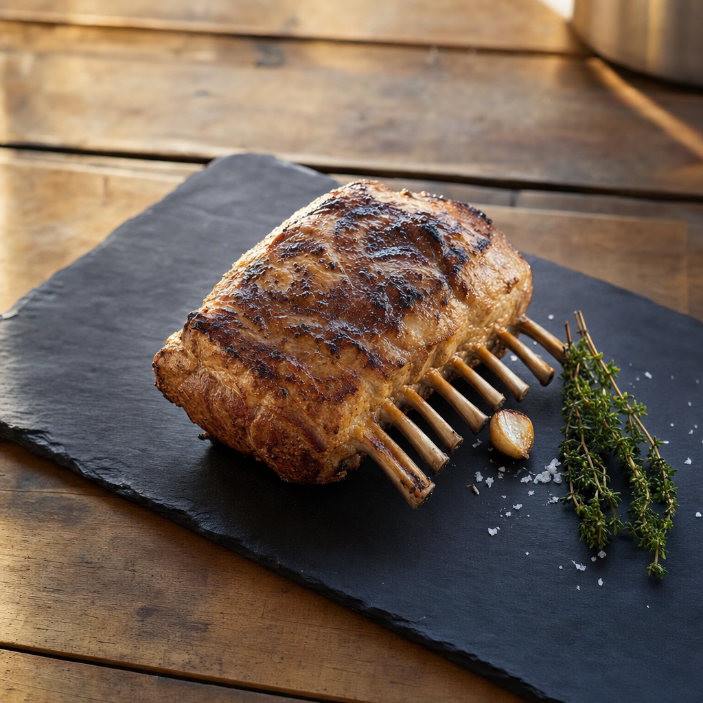 A single trimmed Australian lamb shoulder rack on a matte slate board.