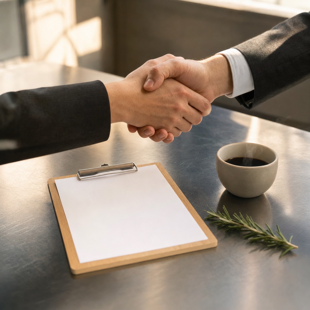 Two pairs of hands meeting in a handshake over a clean meeting table — Korean importer and Australian supplier.