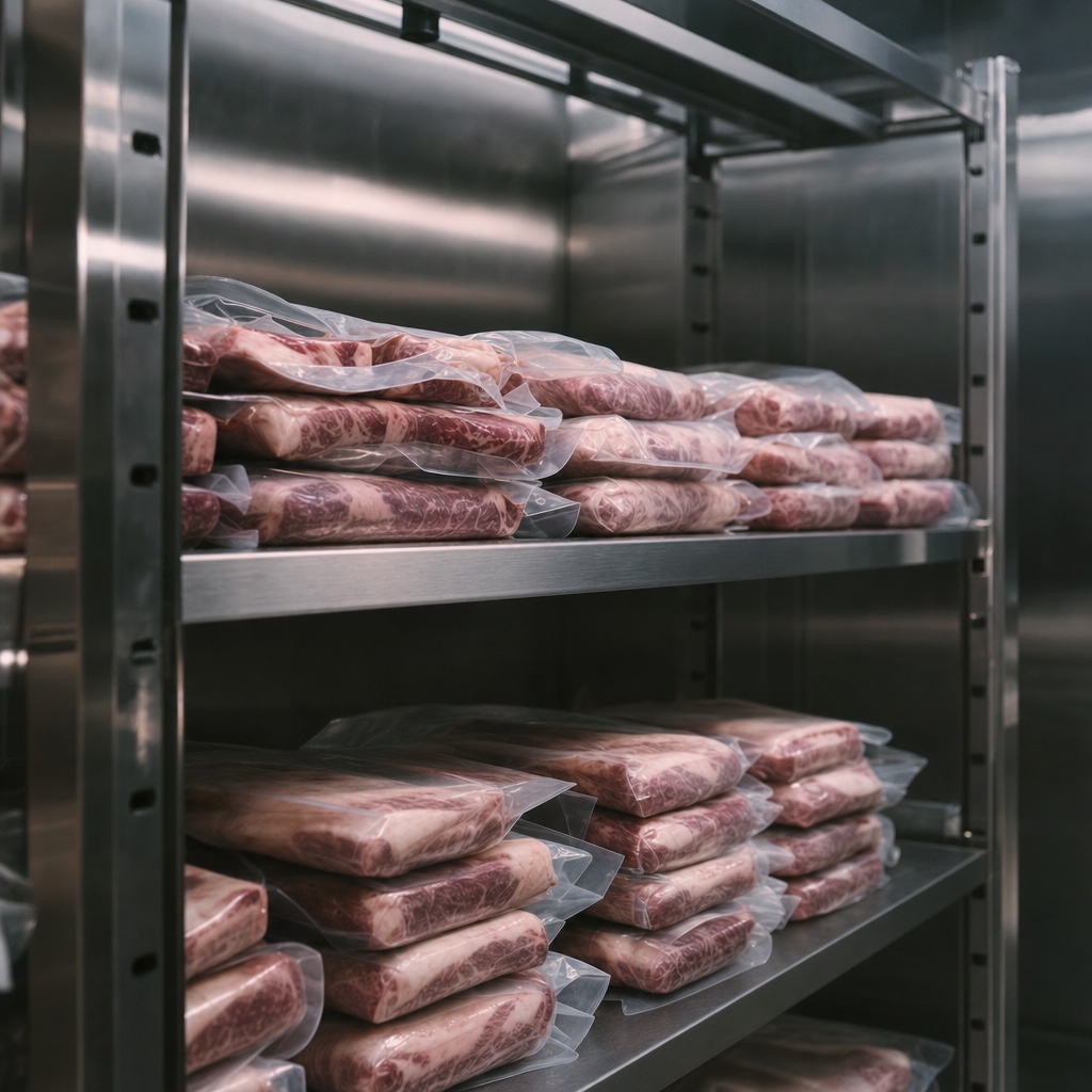 Stainless-steel cold storage shelves with neatly stacked vacuum-sealed premium meat packages.
