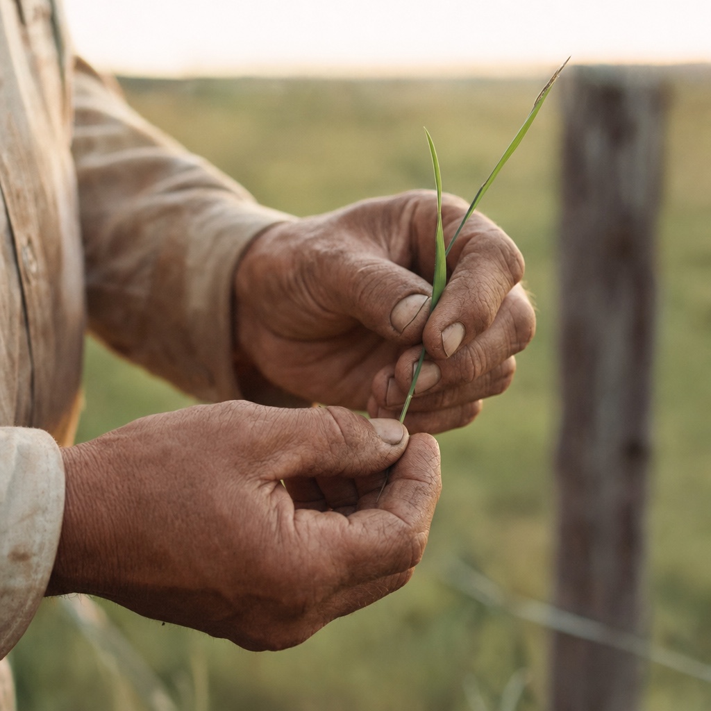 Weathered Australian farmer's hands gently inspecting a sprig of pasture grass in golden light.