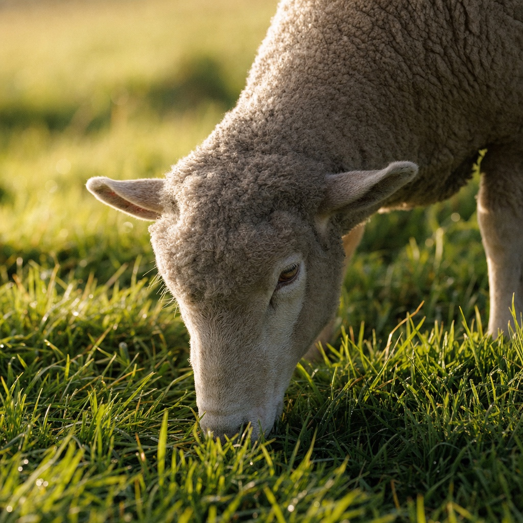 A grass-fed sheep grazing on lush Australian pasture in soft morning light.